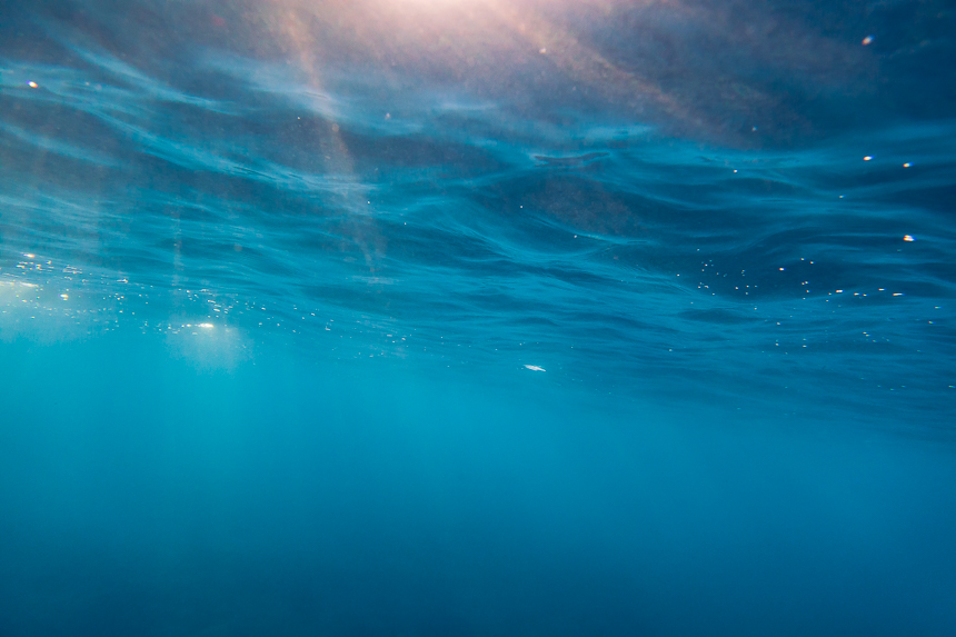 a photograph of the pacific ocean from under the water looking at the surface