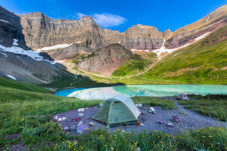 a photo of a tent camping at craker lake in glacier national park