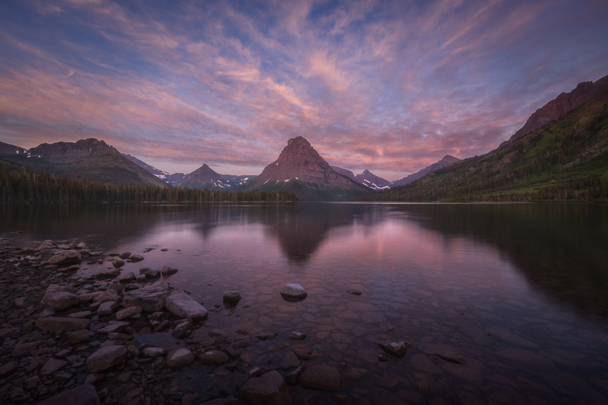 a photograph of two medicine lake in glacier national park montana